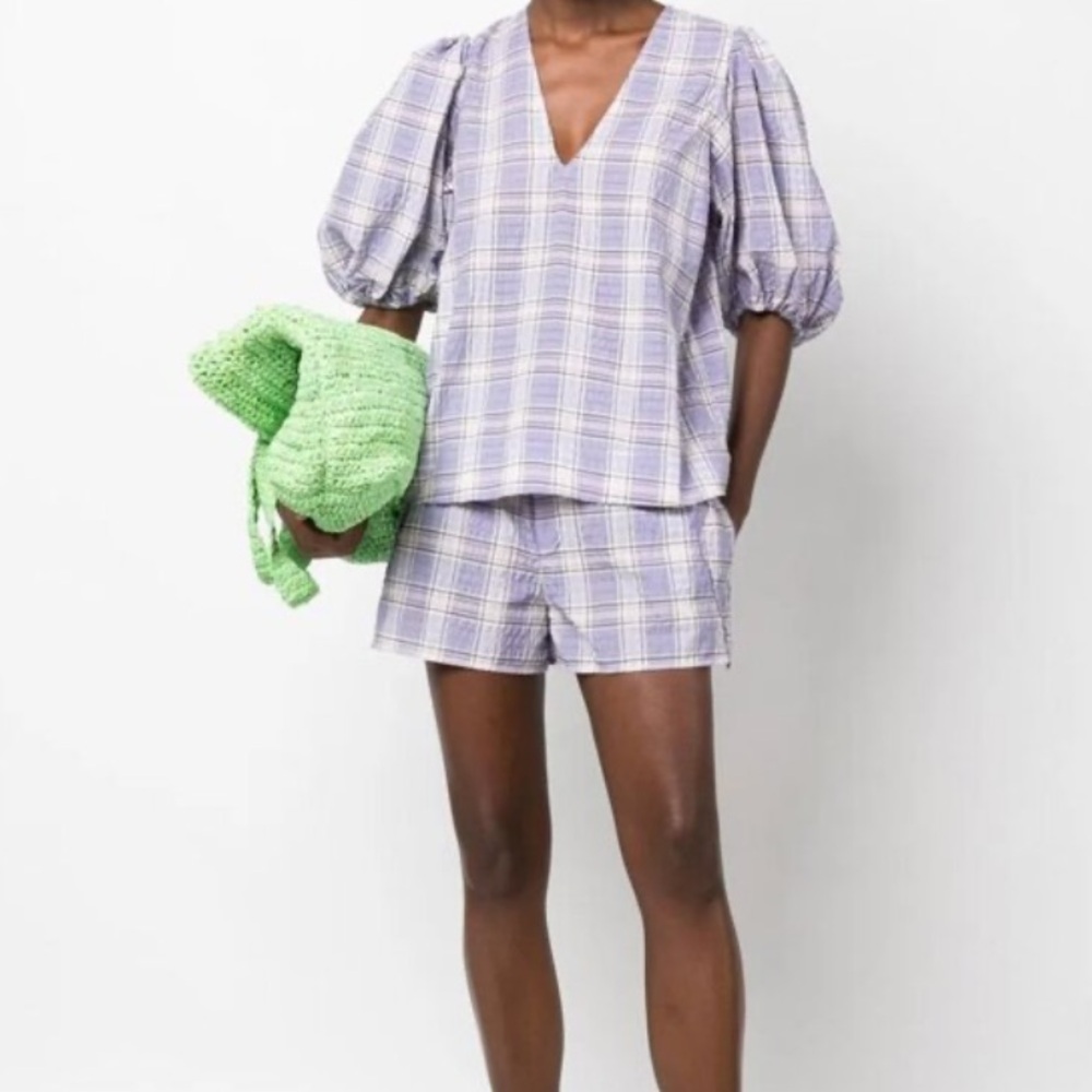 Ganni Plaid Puff Sleve Purple Top